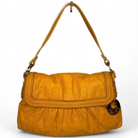 FENDI Chef Small Orange Perforated FF Zucca Calfskin Shoulder Bag